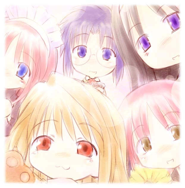 arcueid brunestud, ciel (tsukihime), hisui (tsukihime), kohaku (tsukihime), tohno akiha, ichigo mashimaro, tsukihime, 5girls, :3, blonde hair, blue eyes, blue hair, blush, chibi, glasses, looking at viewer, multiple girls, no nose, parody, red eyes, red hair, short hair, siblings, sisters, smile, style parody, twins, yellow eyes