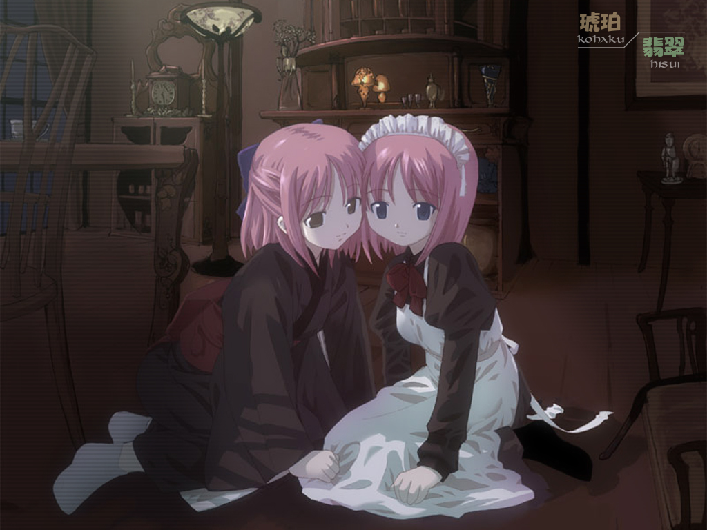 houmitsu, hisui (tsukihime), kohaku (tsukihime), tsukihime, interior, looking away, 00s, 2girls, all fours, apron, arm support, blue eyes, brown theme, candle, chair, clock, copyright name, cup, cupboard, curtains, dark, forehead-to-forehead, glass, heads together, indoors, japanese clothes, kimono, lamp, light smile, maid, maid apron, maid headdress, multiple girls, neck ribbon, night, pink hair, puffy sleeves, red hair, ribbon, room, roomscape, sash, seiza, short hair, siblings, sisters, sitting, socks, table, teacup, twins, vase, window, yellow eyes
