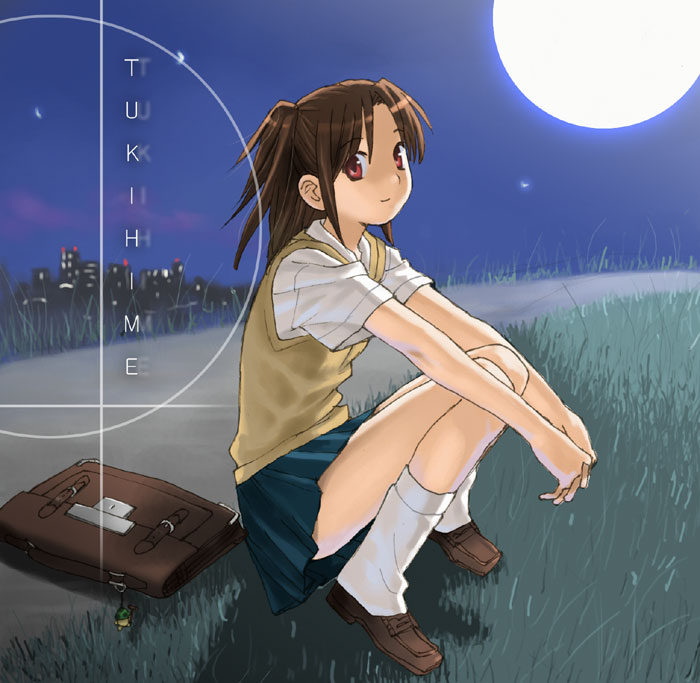 takenashi eri, yumizuka satsuki, tsukihime, 00s, 1girl, bag, brown hair, female focus, full moon, hugging own legs, light smile, loose socks, moon, outdoors, pleated skirt, red eyes, school uniform, serafuku, shoes, skirt, sky, smile, socks, solo, squatting, sweater vest, twintails, two side up