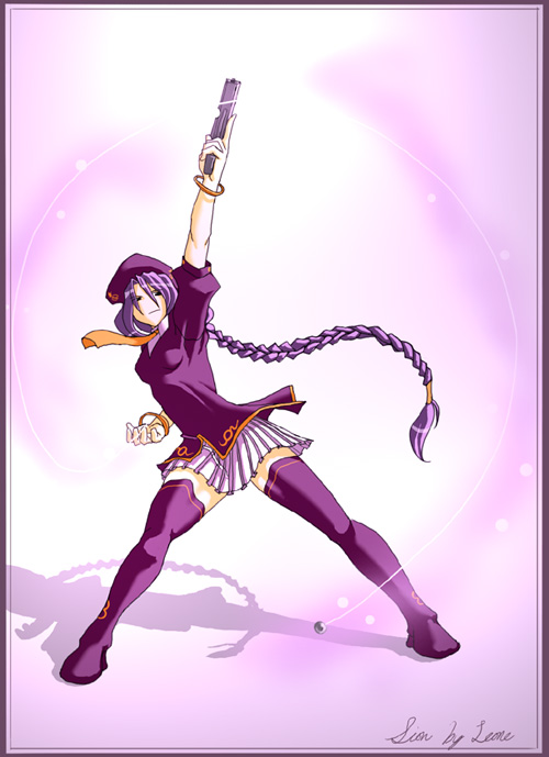 sion eltnam (type-moon), sion eltnam atlasia, melty blood, tsukihime, artist request, 00s, 1girl, aiming, beret, bracelet, braid, etherlite, female focus, gun, hair in face, hair over one eye, handgun, hat, jewelry, long hair, miniskirt, pistol, pleated skirt, purple hair, purple thighhighs, shadow, skirt, solo, string, thighhighs, very long hair, weapon