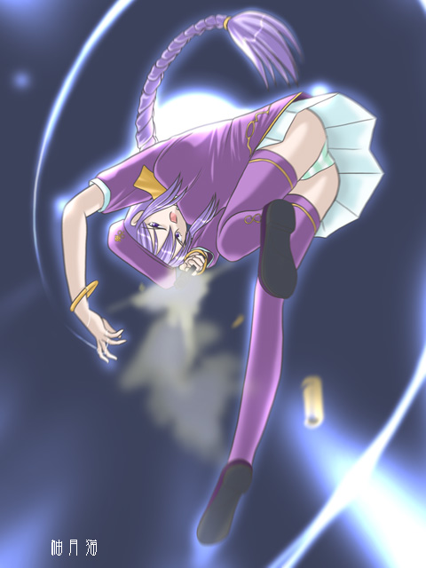 sion eltnam (type-moon), sion eltnam atlasia, melty blood, tsukihime, 00s, 1girl, bracelet, braid, female focus, jewelry, long hair, purple hair, purple thighhighs, shell casing, single braid, solo, thighhighs