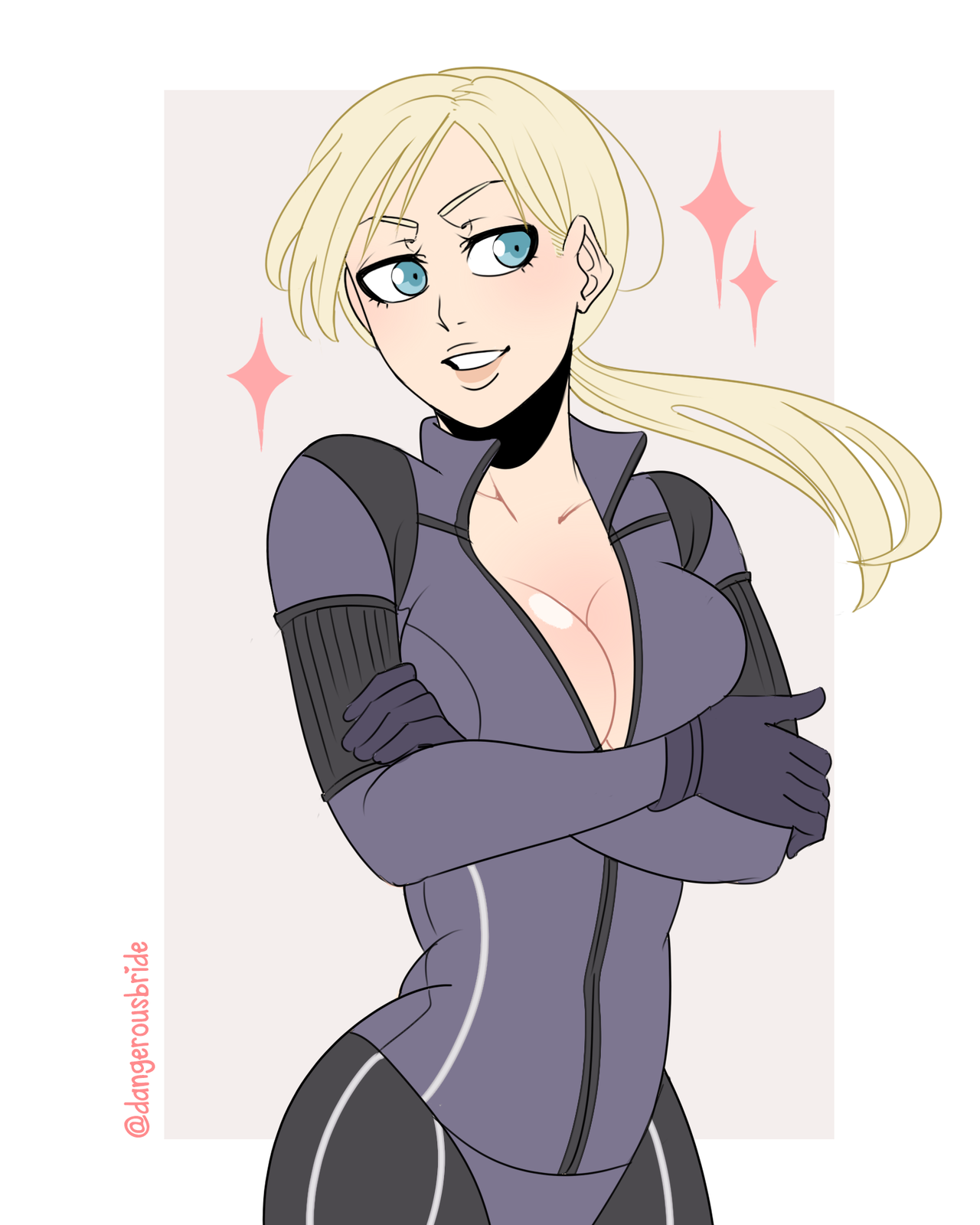 dangerousbride, jill valentine, resident evil, resident evil 5, highres, 1girl, artist name, blonde hair, blue eyes, bodysuit, breasts, cleavage, crossed arms, grey background, parted lips, purple bodysuit, simple background, smile, sparkle