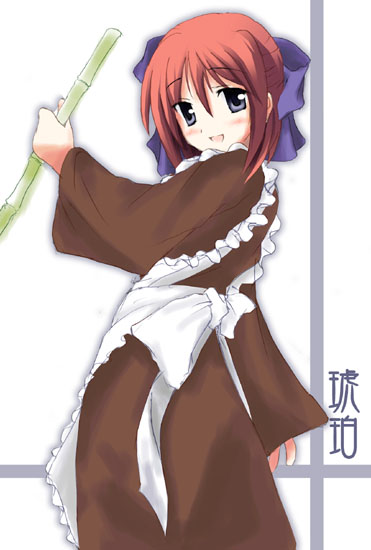mizoguchi keiji, kohaku (tsukihime), tsukihime, 00s, 1girl, :d, apron, bamboo, blue bow, blue eyes, blush, bow, brown dress, dress, female focus, frilled apron, frills, hair between eyes, hair bow, long sleeves, looking at viewer, maid, maid apron, open mouth, red hair, simple background, smile, solo, standing