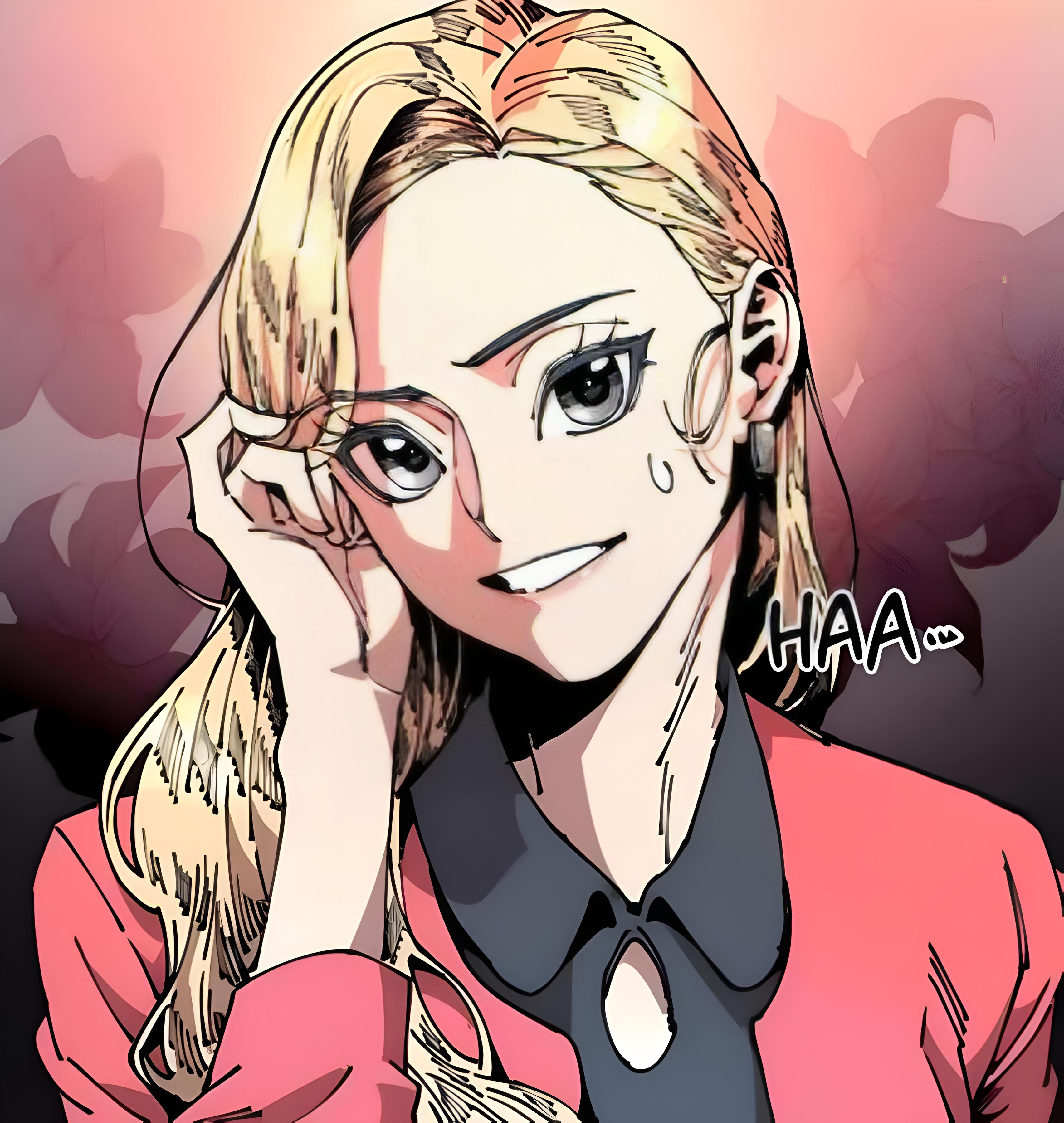 1girl, blonde hair, formal clothes, grey eyes, long hair, manga style, nervous, open mouth, pink background, pink suit, suit, teeth, upper body, white angels get no rest, yang dahye