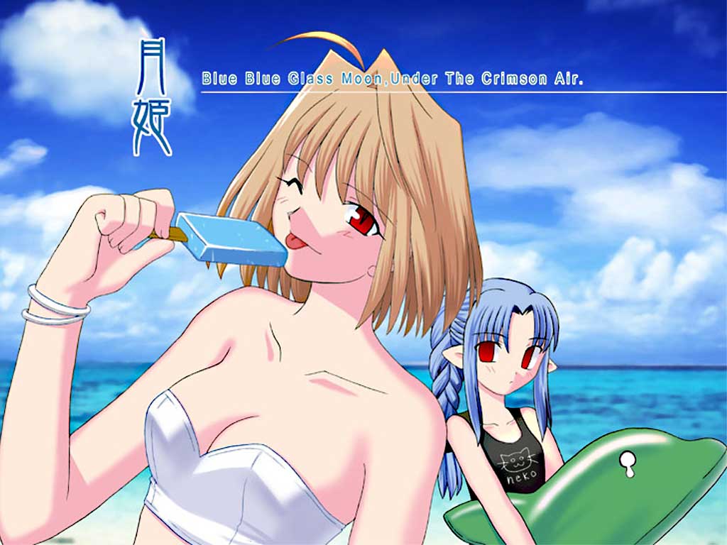takeuchi takashi, arcueid brunestud, len (tsukihime), tsukihime, jpeg artifacts, 00s, ahoge, braid, copyright name, day, food, hair intakes, outdoors, pointy ears, popsicle, swimsuit