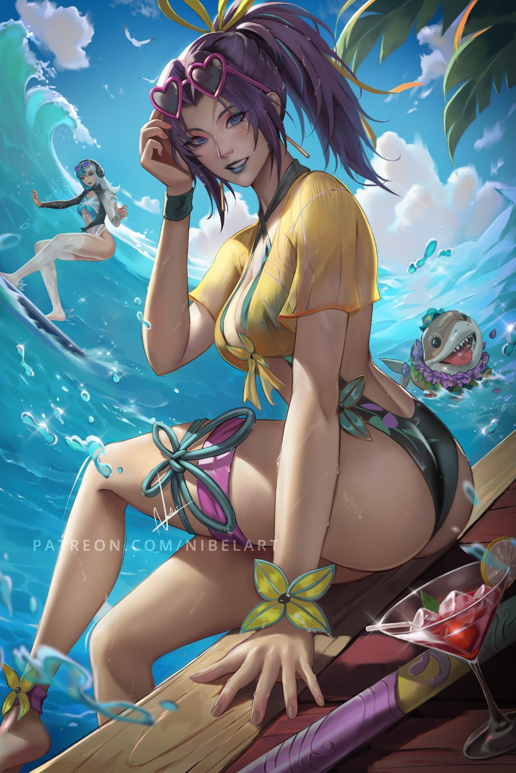 nibelart, jeff (marvel), luna snow, luna snow (cool summer), psylocke, psylocke (breezy butterfly), marvel, marvel rivals, x-men, highres, 2girls, ass, backless swimsuit, blue hair, breasts, butterfly ornament, cleavage, green lips, green one-piece swimsuit, hair ribbon, large breasts, long hair, looking at viewer, multicolored hair, multiple girls, official alternate costume, one-piece swimsuit, ponytail, purple hair, ribbon, smile, split-color hair, swimsuit, two-tone hair, water, white hair