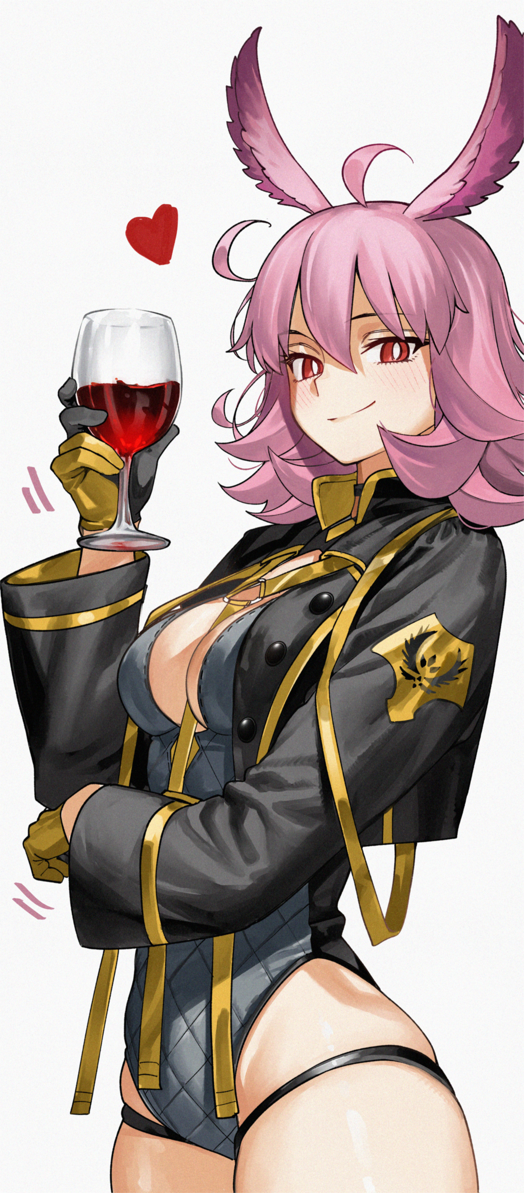 kamisato sora, hildr (fate), valkyrie (fate), fate/grand order, fate (series), absurdres, highres, 1girl, ahoge, alcohol, black gloves, black jacket, black one-piece swimsuit, breasts, choker, cleavage, cleavage cutout, clothing cutout, cup, drinking glass, gloves, head wings, highleg, highleg one-piece swimsuit, hood, hooded jacket, jacket, long sleeves, looking at viewer, medium breasts, medium hair, one-piece swimsuit, open clothes, open jacket, pink hair, red eyes, smile, solo, swimsuit, wine, wine glass, wings
