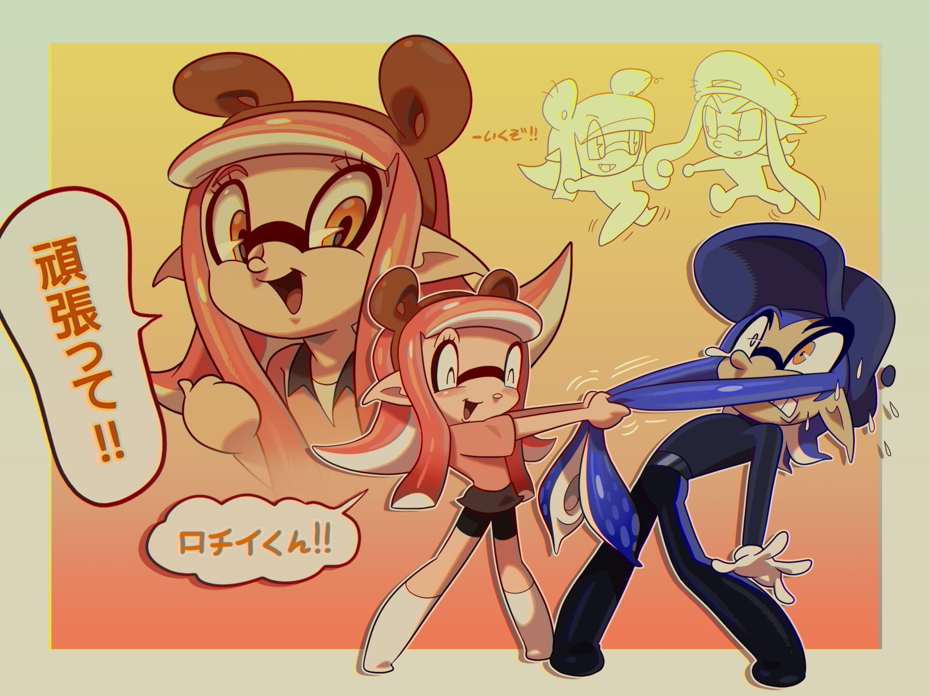 nintendo, splatoon (series), highres, 1950s (style), 1boy, deformed, faux retro artstyle, hat, inkling, open mouth, roachgore, smile, teeth, tentacle hair, thick eyebrows