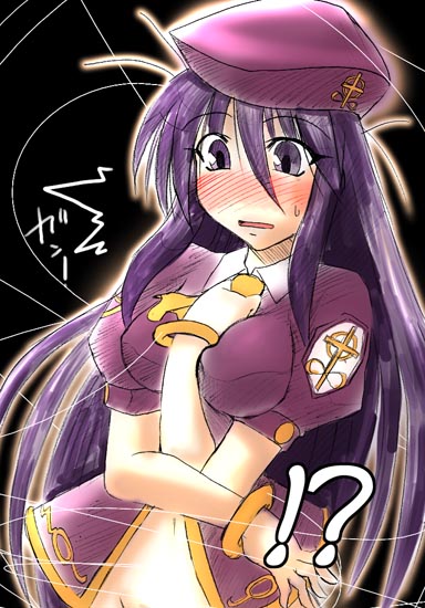 sion eltnam (type-moon), sion eltnam atlasia, melty blood, tsukihime, artist request, !?, 00s, 1girl, arm between breasts, beret, between breasts, black background, blush, bracelet, breasts, embarrassed, etherlite, female focus, grey eyes, hat, jewelry, purple hair, solo, string, sweatdrop