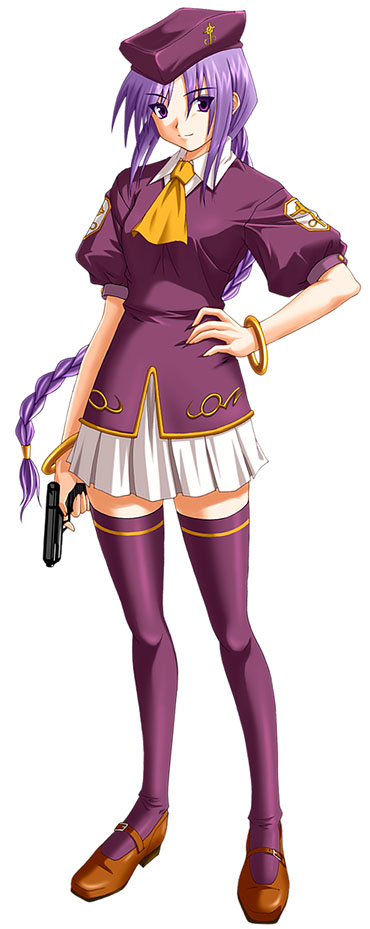 sion eltnam (type-moon), sion eltnam atlasia, melty blood, tsukihime, 00s, braid, gun, handgun, long hair, mary janes, pistol, purple eyes, purple hair, shoes, single braid, solo, thighhighs, weapon, zettai ryouiki