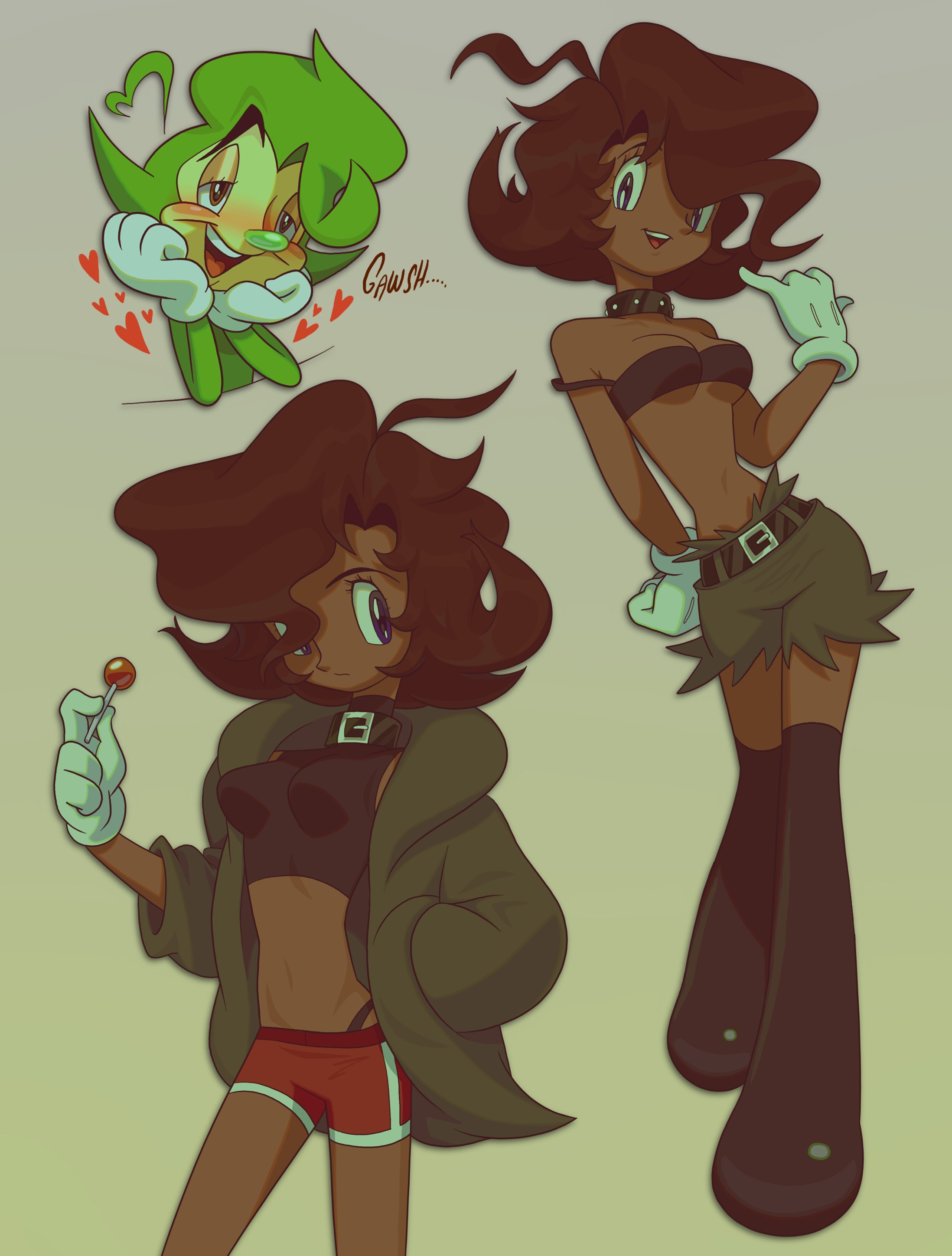 original, absurdres, highres, 1950s (style), belt, breasts, crop top, cutoffs, dark-skinned female, dark skin, deformed, faux retro artstyle, gloves, heart, roachgore, shorts, smile, standing, tofu (roachgore), vonnie aurita, white gloves