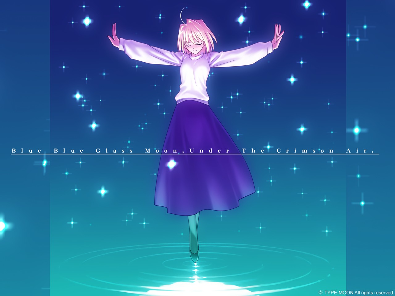 takeuchi takashi, arcueid brunestud, tsukihime, type-moon, 00s, 1girl, ahoge, arms at sides, black pantyhose, blonde hair, closed eyes, copyright notice, female focus, full moon, glitter, glowing, long skirt, long sleeves, moon, outstretched arms, pantyhose, reflection, ripples, shoes, short hair, skirt, smile, solo, spread arms, sweater, turtleneck, water