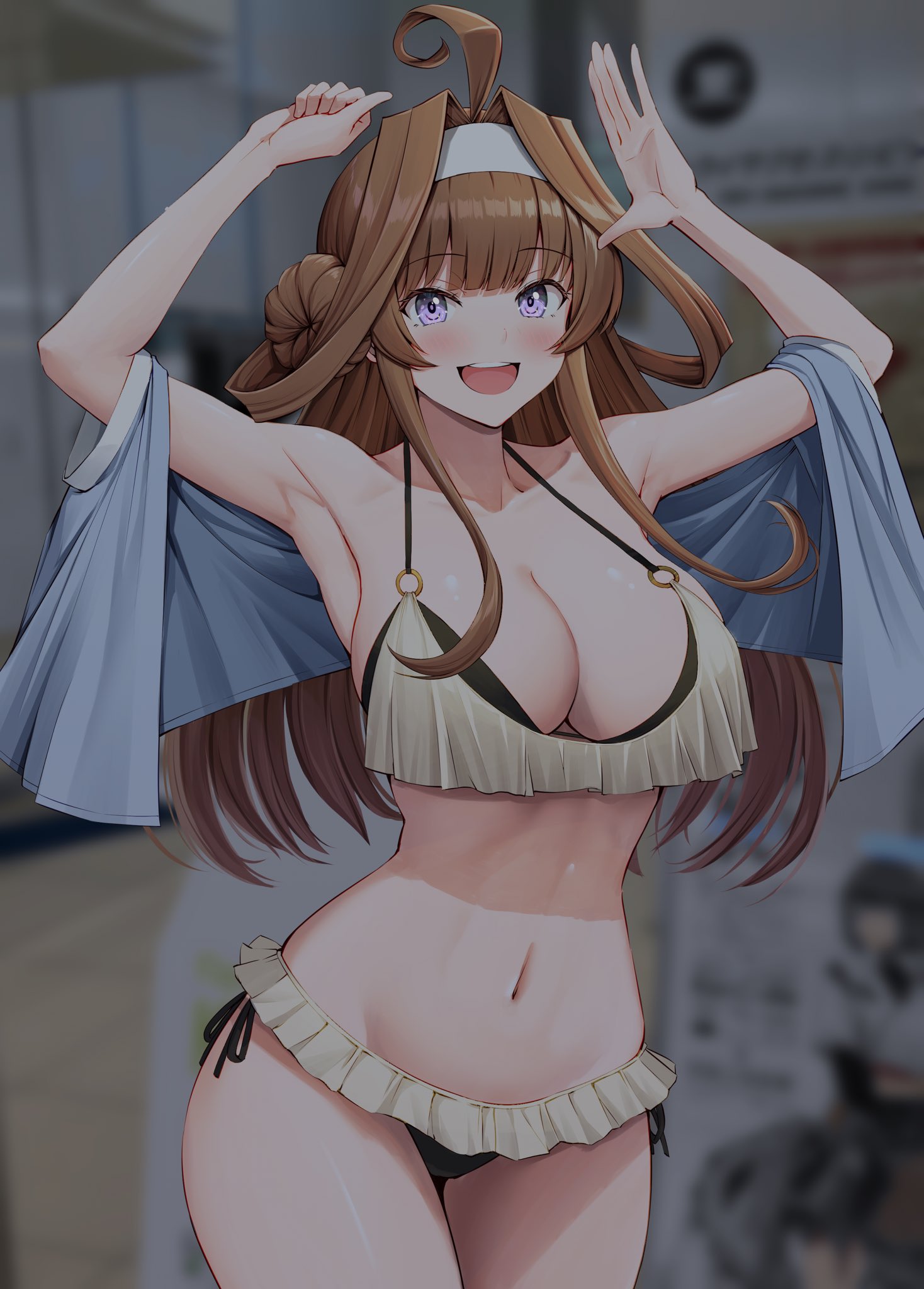 ichikawa feesu, kongou (kancolle), kantai collection, highres, 1girl, ahoge, armpits, bikini, black bikini, blue jacket, blush, breasts, brown hair, cowboy shot, double bun, frilled bikini, frills, hair bun, indoors, jacket, large breasts, long hair, multicolored bikini, night, open mouth, smile, solo, swimsuit, two-tone bikini, white bikini