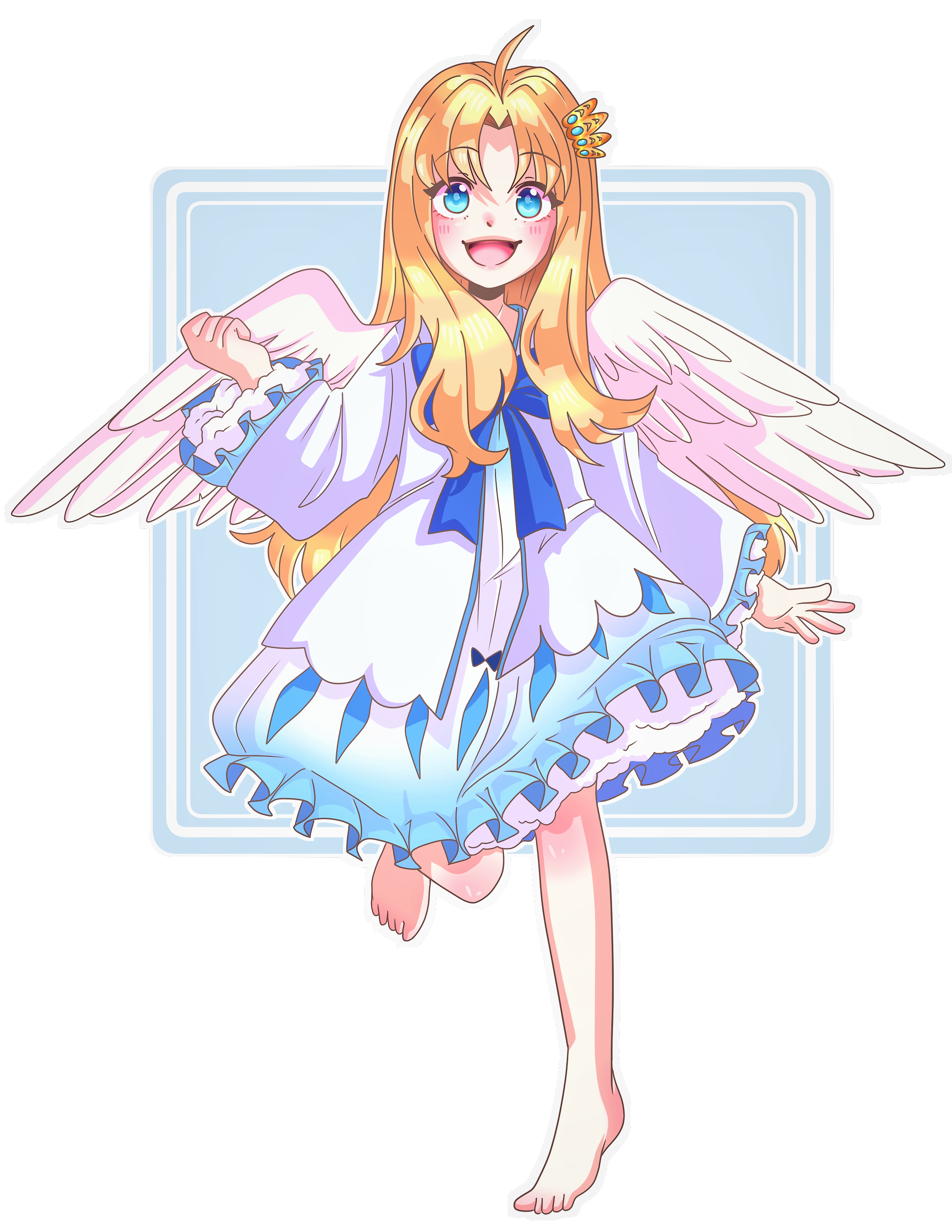 filo (tate no yuusha no nariagari), tate no yuusha no nariagari, absurdres, commentary, english commentary, highres, 1girl, :d, ahoge, bird wings, blonde hair, blue background, blue bow, blue dress, blue eyes, blush, border, bow, chest bow, dress, feathered wings, forehead, frilled dress, frilled sleeves, frills, hair ornament, hairclip, hand up, leg up, long sleeves, open mouth, outline, outside border, smile, solo, standing, standing on one leg, straight-on, straight hair, transparent border, two-tone dress, veemaxima, white dress, white outline, wings