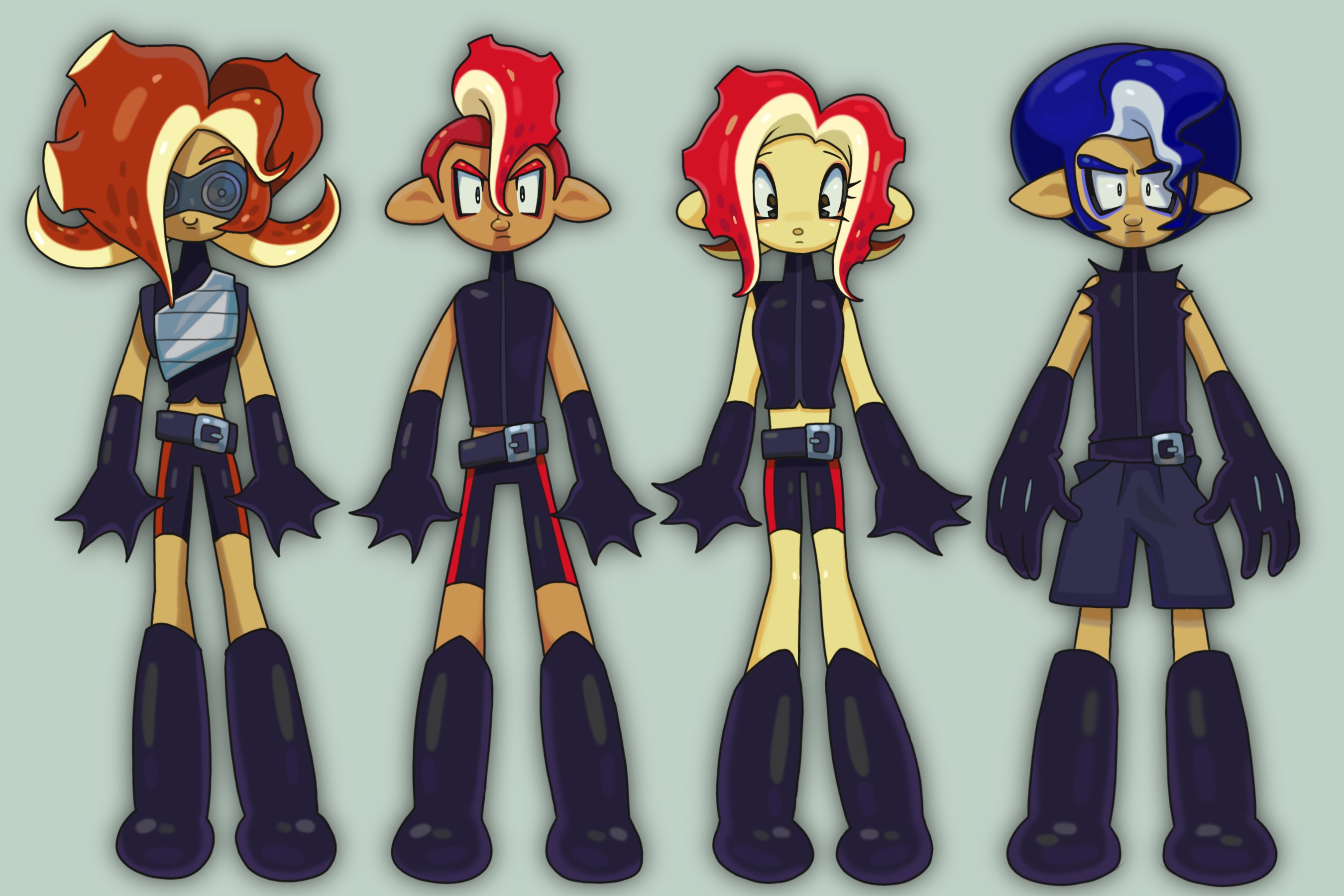 agent 8 (splatoon), octoling boy, octoling girl, octoling player character, takozonesu, nintendo, splatoon (series), highres, afro, blue hair, closed mouth, dark skin, deformed, eyelashes, mohawk, multicolored hair, octoling, pointy ears, red hair, roachgore, round nose, suction cups, tentacle hair, turtleneck