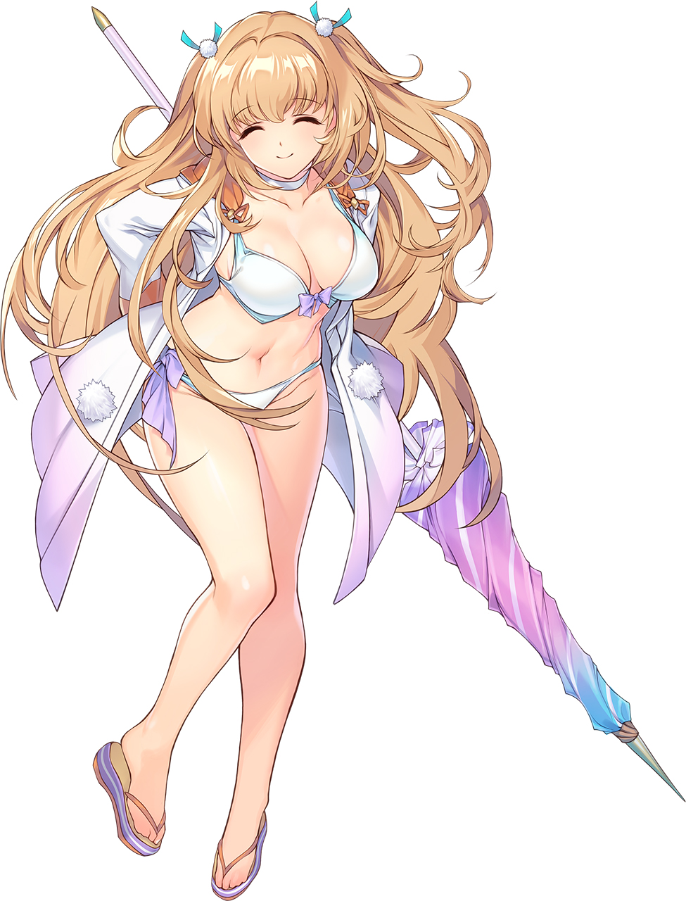 min-naraken, choukou (alicesoft), choukou taisen escalation heroines, highres, official art, 1girl, bikini, blonde hair, breasts, cleavage, closed eyes, closed umbrella, coat, flip-flops, gokokuin silica, holding, holding umbrella, leg up, long hair, medium breasts, navel, open clothes, open coat, sandals, smile, swimsuit, tachi-e, umbrella, white bikini