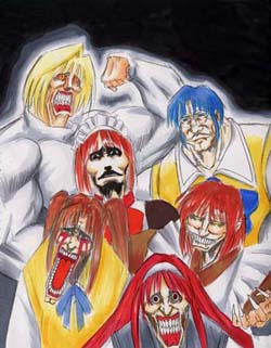 arcueid brunestud, ciel (tsukihime), hisui (tsukihime), kohaku (tsukihime), tohno akiha, vermillion akiha, yumizuka satsuki, tsukihime, lowres, 6+girls, blood, blue hair, creepy, long hair, maid, man face, manly, multiple girls, parody, red hair, short hair, siblings, what, you gonna get raped