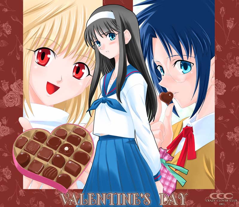 arcueid brunestud, ciel (tsukihime), tohno akiha, tsukihime, 00s, 3girls, black hair, blonde hair, blue eyes, blue hair, blush, box, box of chocolates, chocolate, gift, long hair, multiple girls, red eyes, school uniform, serafuku, short hair, sidelocks, valentine
