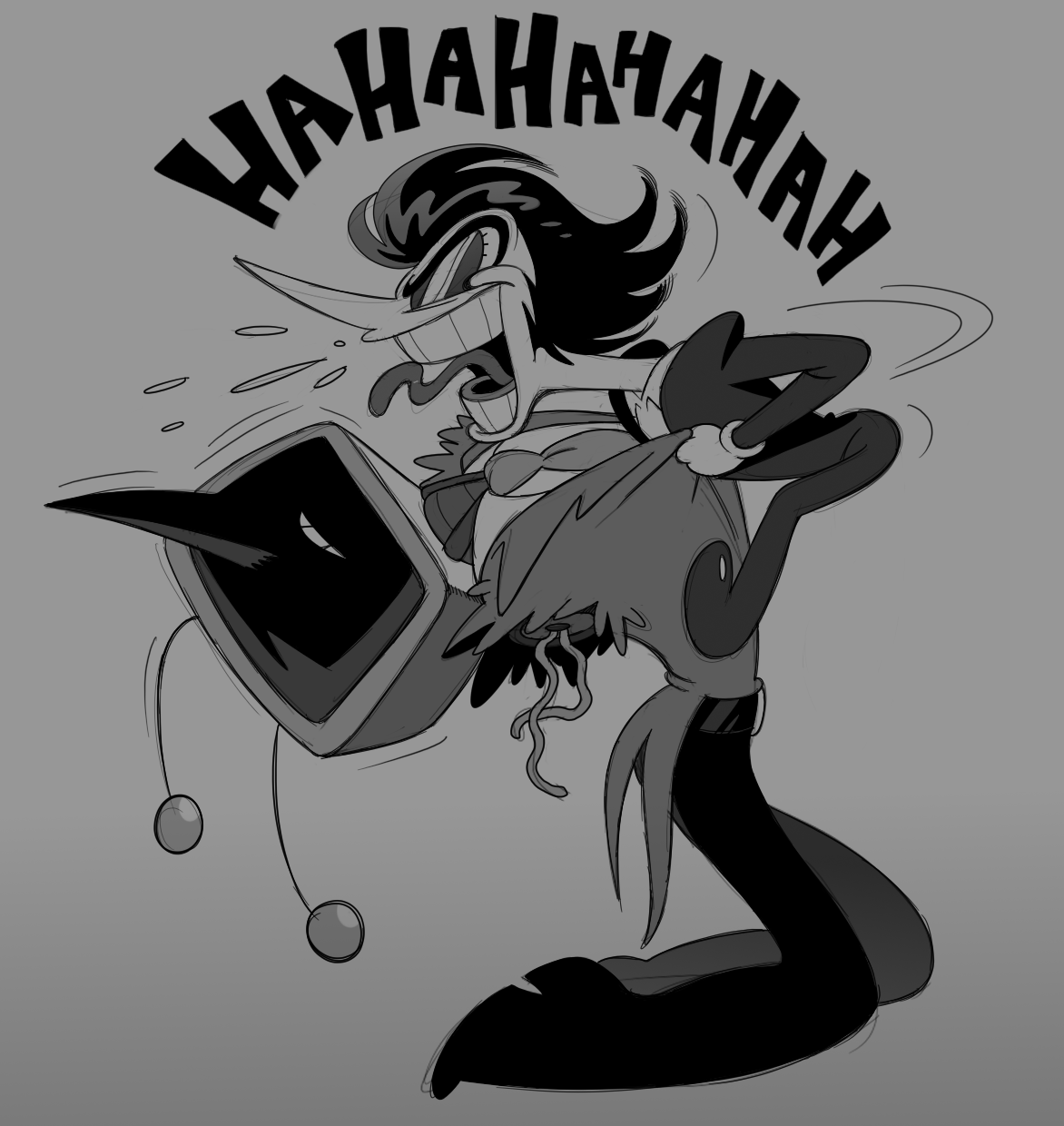 ant tenna, spamton g. spamton, deltarune, utdr (toby fox), highres, 1950s (style), 2boys, amputee, armless amputee, black hair, crt, deformed, faux retro artstyle, frown, gloves, jacket, long nose, male focus, multiple boys, necktie, no ears, object head, open mouth, pants, pointy nose, roachgore, shirt, smile, teeth, white gloves