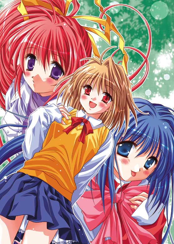 sato-pon, arcueid brunestud, minase nayuki, takase mizuki, comic party, kanon, tsukihime, 00s, 3girls, :p, ahoge, blonde hair, blue eyes, blue hair, blush, bow, crossover, hair ribbon, long hair, long sleeves, looking at viewer, multiple girls, neck ribbon, pleated skirt, ponytail, purple eyes, red eyes, red hair, ribbon, school uniform, serafuku, shirt, short hair, skirt, sleeves past wrists, smile, tongue, tongue out, very long hair, vest, yellow bow