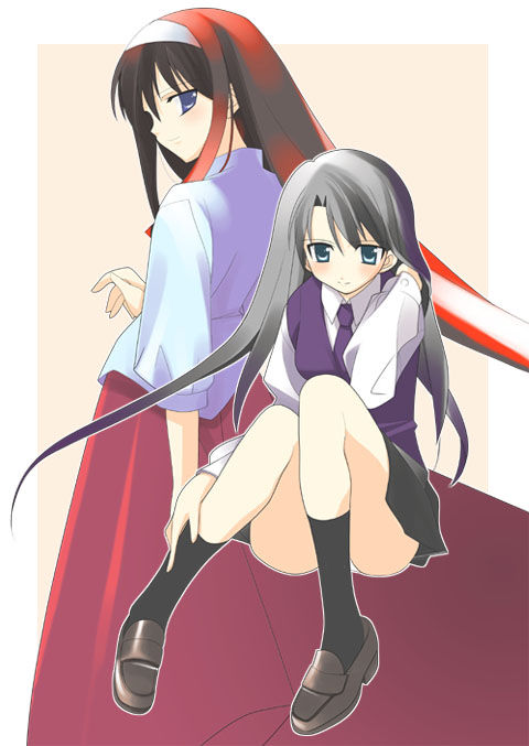 kokutou azaka, tohno akiha, fate/stay night, fate (series), kara no kyoukai, tsukihime, 00s, 2girls, adjusting hair, ass, crossover, gradient hair, looking back, multicolored hair, multiple girls, necktie, panties, pantyshot, school uniform, shoes, simple background, sitting, socks, underwear