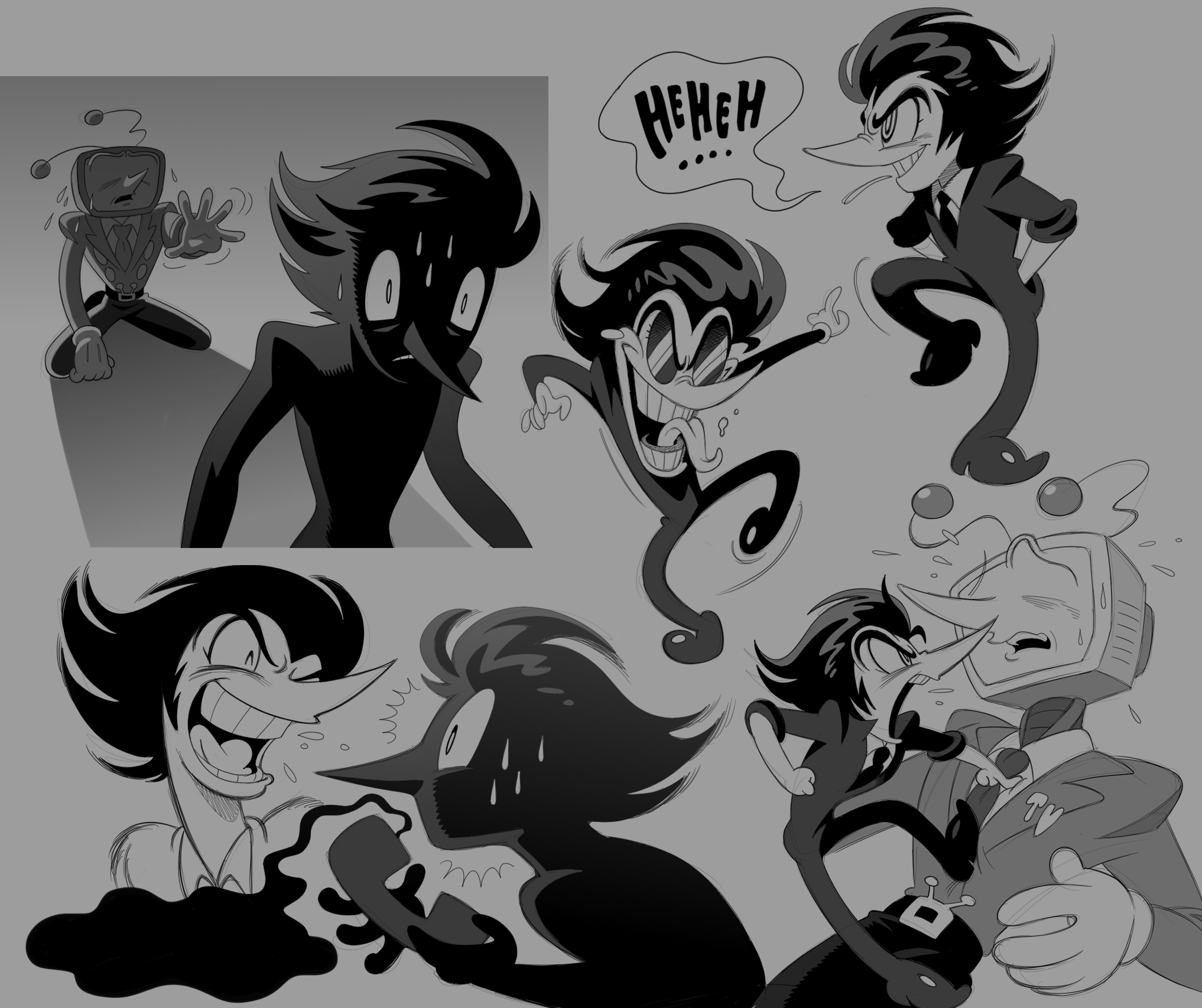 ant tenna, spamton g. spamton, spamton g. spamton (big shot), deltarune, utdr (toby fox), commentary, highres, 2boys, black hair, collared shirt, crt, formal clothes, gloves, jacket, long nose, male focus, multiple boys, necktie, no ears, object head, pants, pointy nose, roachgore, shirt, shoes, short hair, smile, suit, teeth