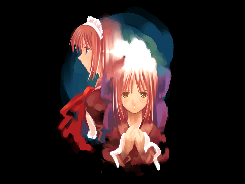 hisui (tsukihime), kohaku (tsukihime), tsukihime, looking away, 00s, 2girls, bow, expressionless, hair bow, hands on own chest, japanese clothes, kimono, looking at viewer, maid, maid headdress, multiple girls, neck ribbon, profile, red hair, ribbon, sad, short hair, siblings, sisters, tears, twins, upper body
