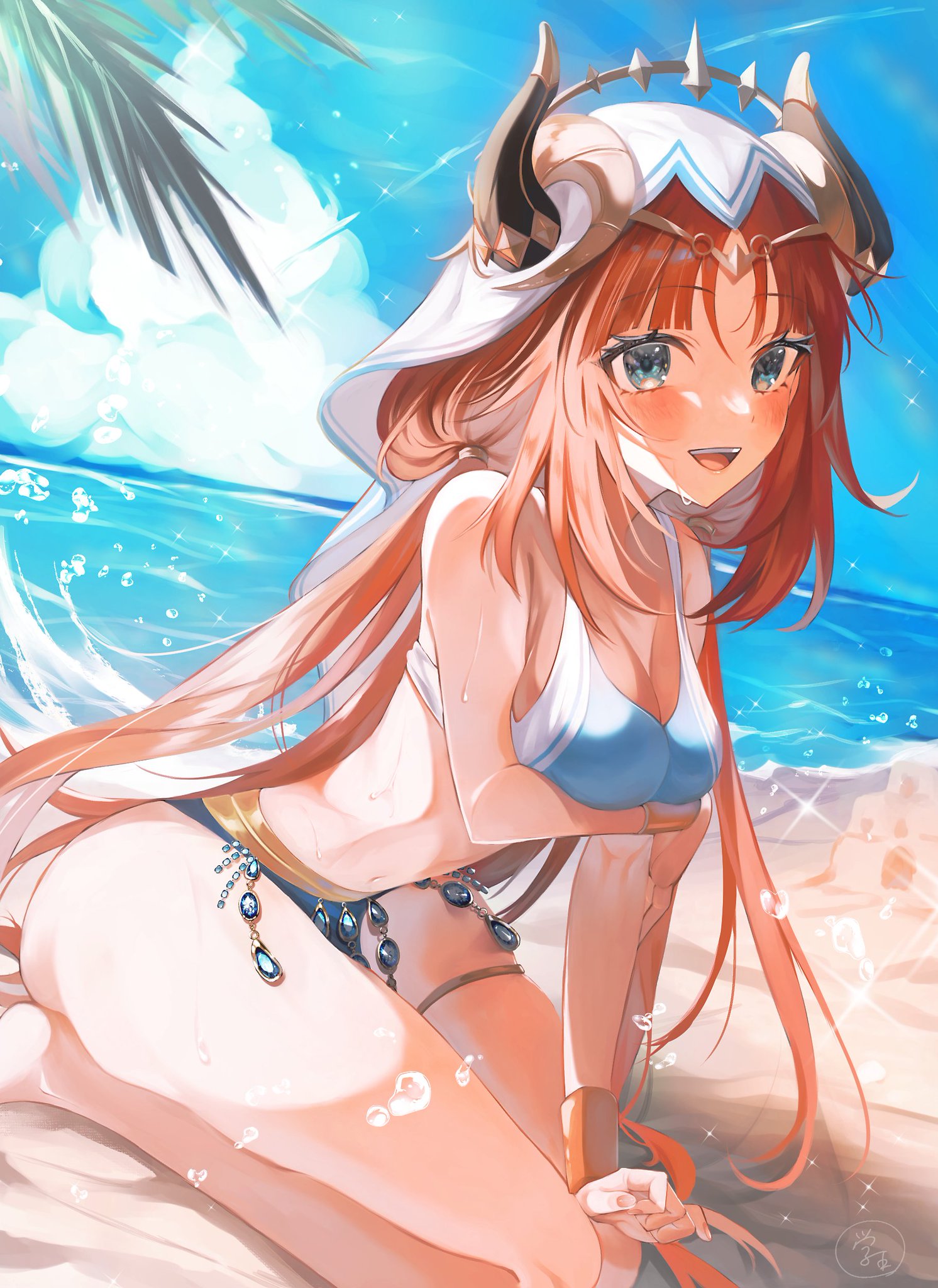 raiseafuture, nilou (genshin impact), genshin impact, commentary request, highres, 1girl, adapted costume, aqua eyes, arm under breasts, beach, bikini, black horns, blue bikini, blue sky, blush, breasts, cleavage, day, fake horns, horizon, horns, kneeling, leaning forward, long hair, low twintails, medium breasts, ocean, open mouth, outdoors, red hair, sky, smile, solo, swimsuit, teeth, thigh strap, twintails, upper teeth only, veil, white veil