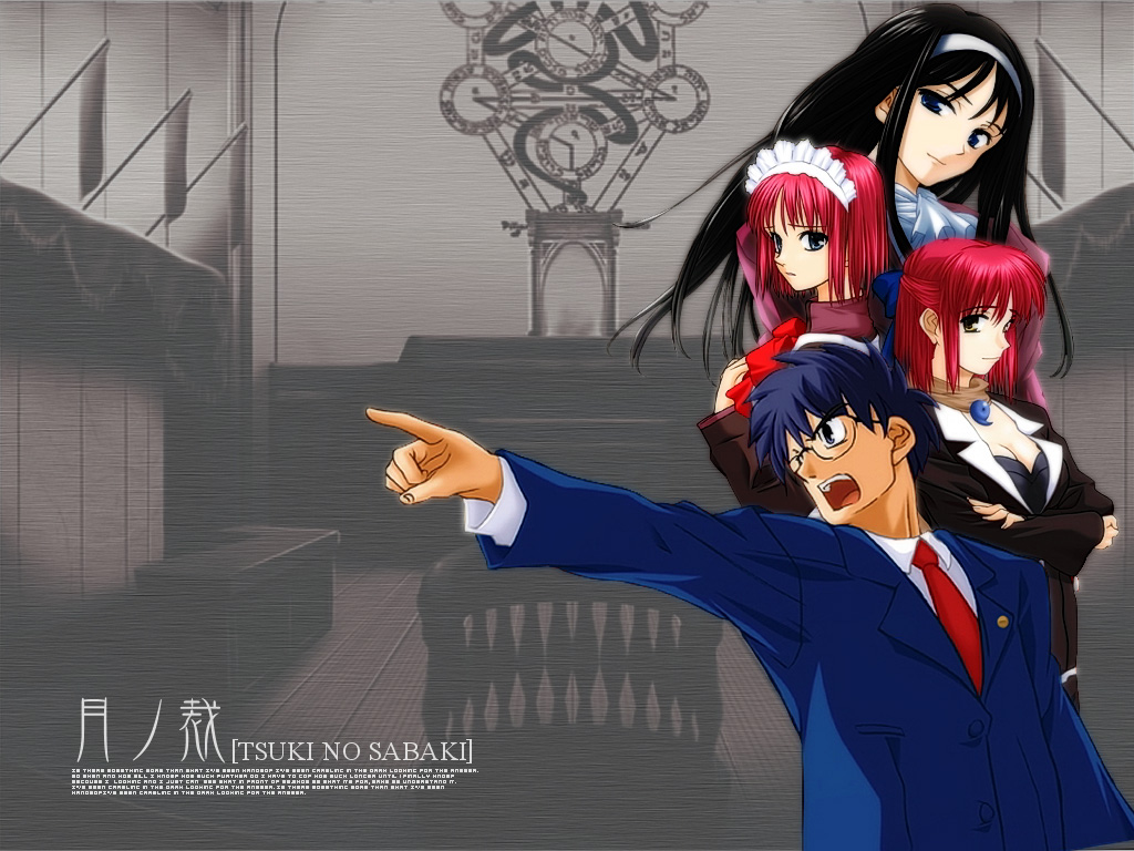 hisui (tsukihime), kohaku (tsukihime), tohno akiha, tohno shiki, ace attorney, capcom, tsukihime, 1boy, 3girls, cosplay, formal clothes, glasses, maid, multiple girls, parody, pointing, siblings, sisters, twins