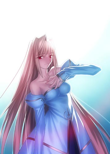 takeuchi takashi, archetype earth, arcueid brunestud, tsukihime, duplicate, lowres, official art, 00s, 1girl, bare shoulders, blonde hair, breasts, cleavage, detached sleeves, dress, female focus, gradient background, long hair, medium breasts, red eyes, sideboob, smile, solo, standing, strapless, strapless dress, very long hair