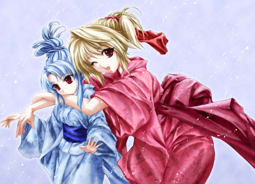 arcueid brunestud, len (tsukihime), tsukihime, looking away, 00s, 2girls, alternate costume, alternate hairstyle, blonde hair, blue hair, expressionless, folded ponytail, hair ribbon, hug, hug from behind, japanese clothes, kimono, long hair, looking at viewer, multiple girls, one eye closed, red eyes, ribbon, sash, short hair, size difference, smile, snow, very long hair