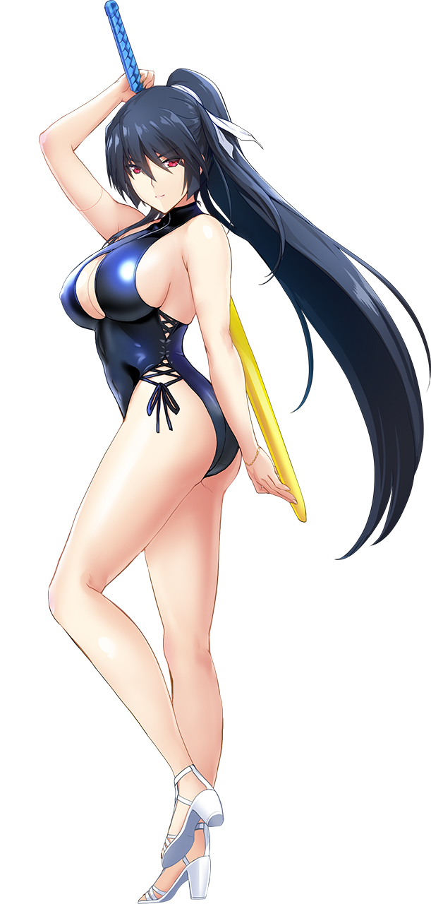 onigirikun, subaru (choukou sennin haruka), choukou (alicesoft), choukou sennin haruka, choukou taisen escalation heroines, highres, official art, 1girl, bare arms, bare legs, black hair, black one-piece swimsuit, breasts, full body, long hair, looking at viewer, one-piece swimsuit, ponytail, red eyes, sideboob, smile, swimsuit, tachi-e, thick thighs, thighs