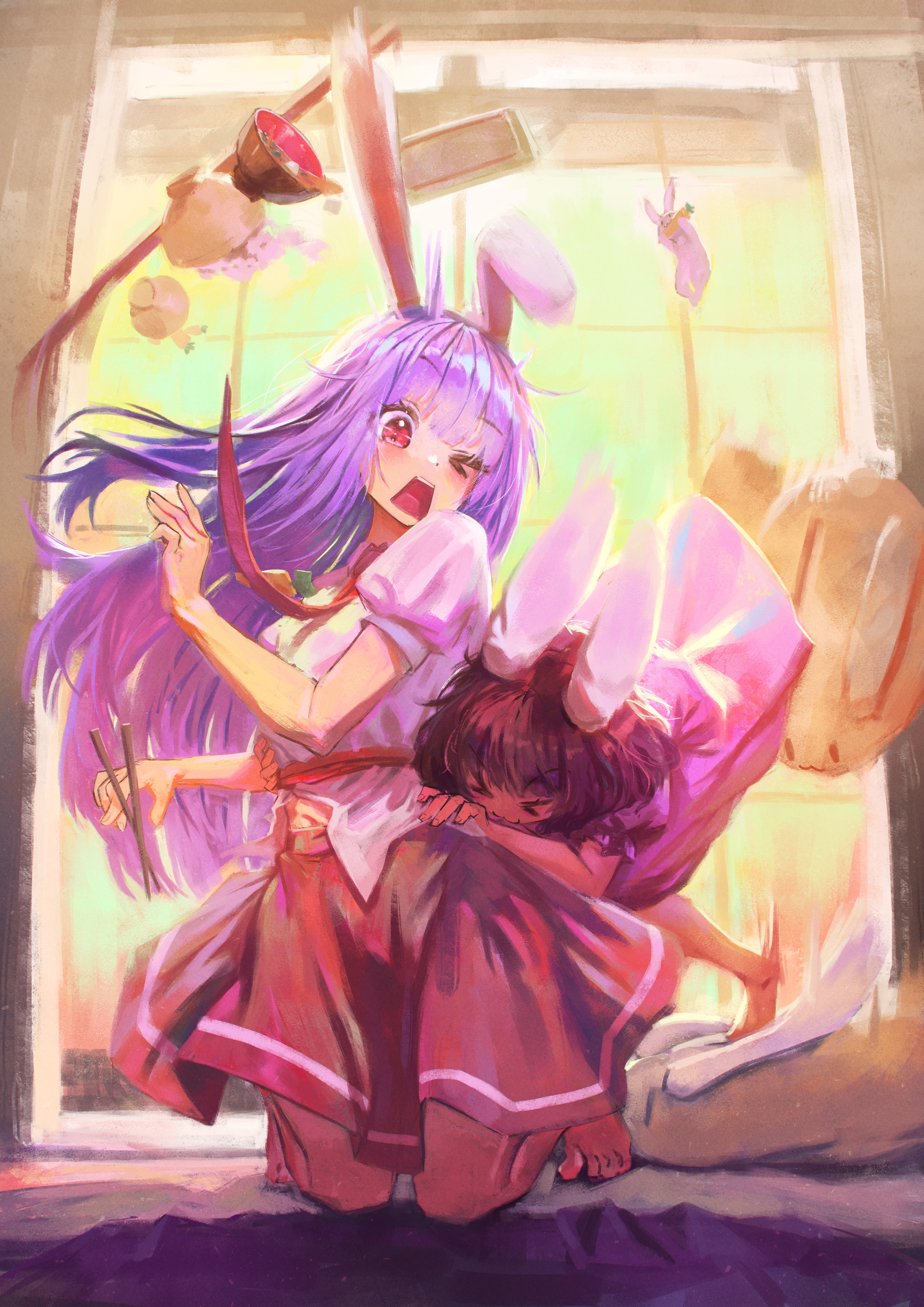 nepperoni, inaba tewi, reisen udongein inaba, touhou, absurdres, commentary, highres, > <, 2girls, :3, animal ears, animal slippers, barefoot, black hair, blush, bowl, bunny slippers, carrot, carrot pin, chopsticks, dress, falling food, hands on another's waist, kneeling, long hair, medium hair, miso soup, motion blur, multiple girls, necktie, one eye closed, open mouth, pink dress, pink shirt, purple hair, rabbit ears, rabbit girl, red eyes, red necktie, red skirt, rice bowl, shirt, shouji, skirt, sliding doors, slippers, tray, white rabbit (animal)