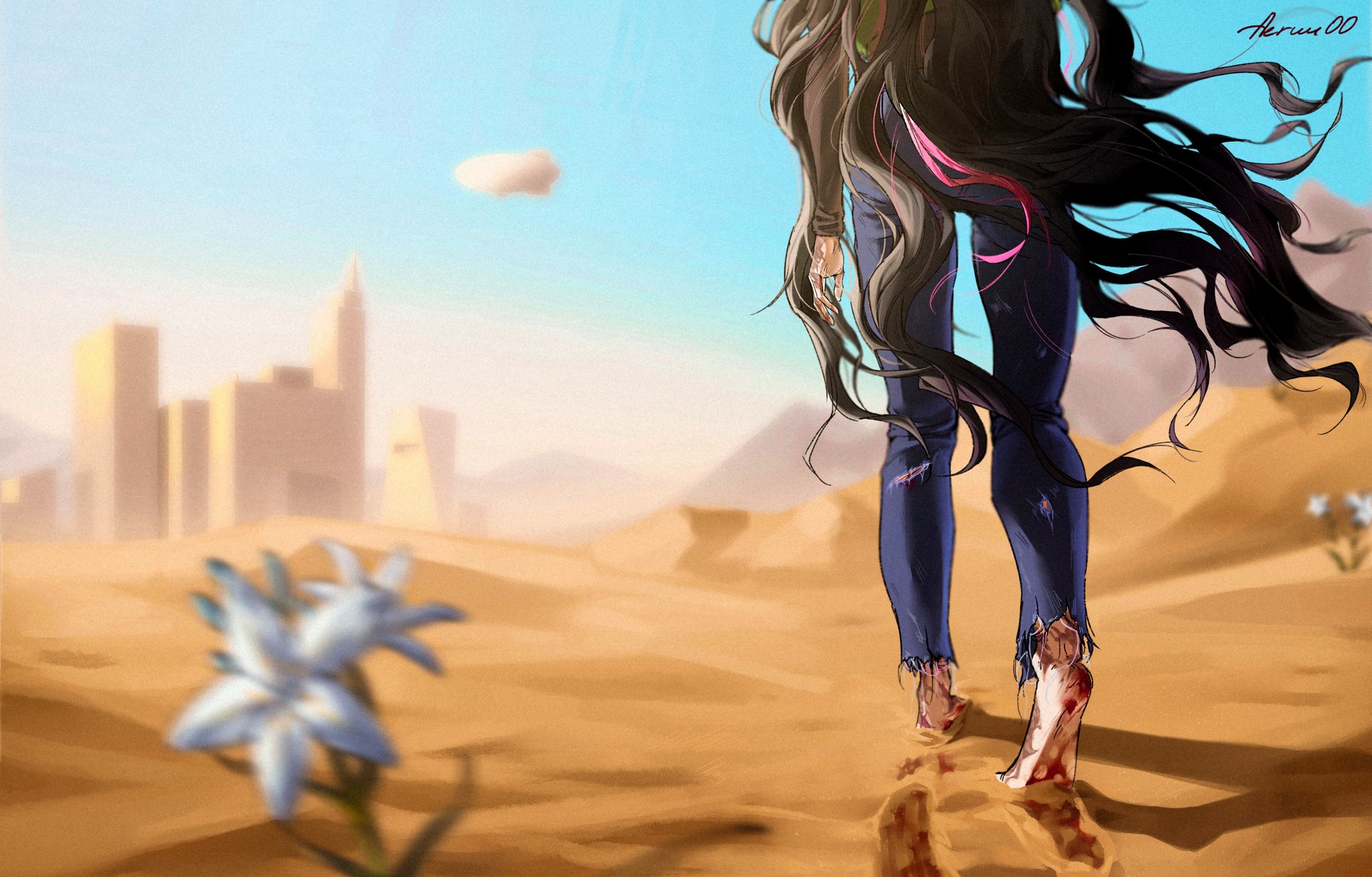 mizi (alien stage), alien stage, commentary, english commentary, highres, 1girl, aeruu00, barefoot, black hair, blue pants, blue sky, cityscape, dirty, dirty feet, flower, footprints, from behind, head out of frame, long hair, pants, pink hair, signature, sky, torn clothes, torn pants, very long hair, walking, white flower
