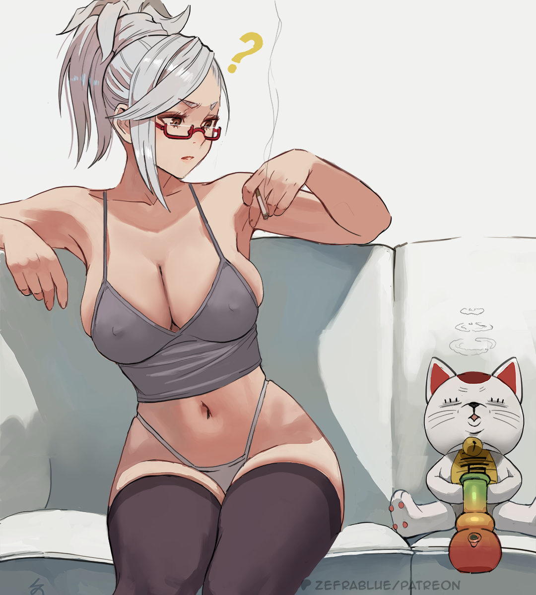 zefrableu, ayase seiko, turbo granny (dandadan), dandadan, commentary, english commentary, highres, 1girl, ?, black thighhighs, bong, breasts, camisole, cigarette, cleavage, closed mouth, collarbone, couch, drugged, drugs, glasses, grey camisole, grey hair, grey panties, highleg, highleg panties, holding, holding cigarette, large breasts, long hair, looking to the side, navel, no pants, on couch, panties, patreon logo, patreon username, red-framed eyewear, red lips, semi-rimless eyewear, sitting, skindentation, smoking, thighhighs, thighs, underwear