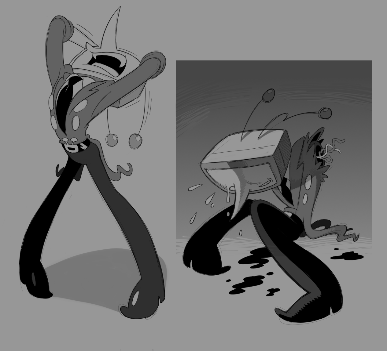 ant tenna, deltarune, utdr (toby fox), 1950s (style), 1boy, amputee, armless amputee, black pants, blood, clothed robot, crt, faux retro artstyle, injury, jacket, long nose, male focus, necktie, object head, pants, pointy nose, radio antenna, roachgore, robot, shirt, shoes, sweat, tailcoat, teeth