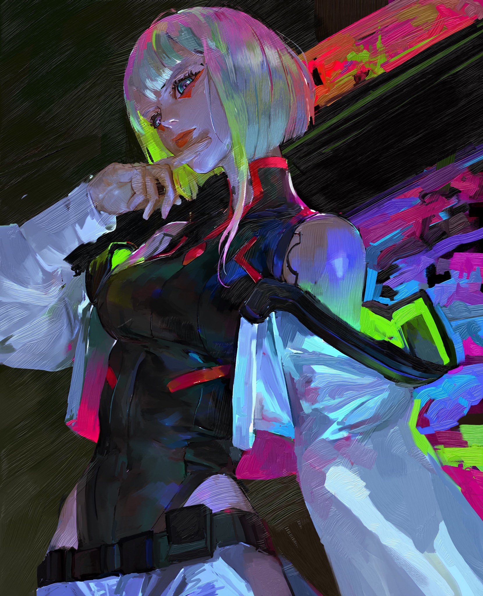 daodtt, lucy (cyberpunk), cyberpunk: edgerunners, cyberpunk (series), highres, 1girl, asymmetrical hair, bare shoulders, belt, black belt, black leotard, blue eyes, breasts, covered navel, cropped jacket, eyeliner, jacket, leotard, makeup, medium breasts, multicolored hair, off-shoulder jacket, off shoulder, red eyeliner, solo, white jacket
