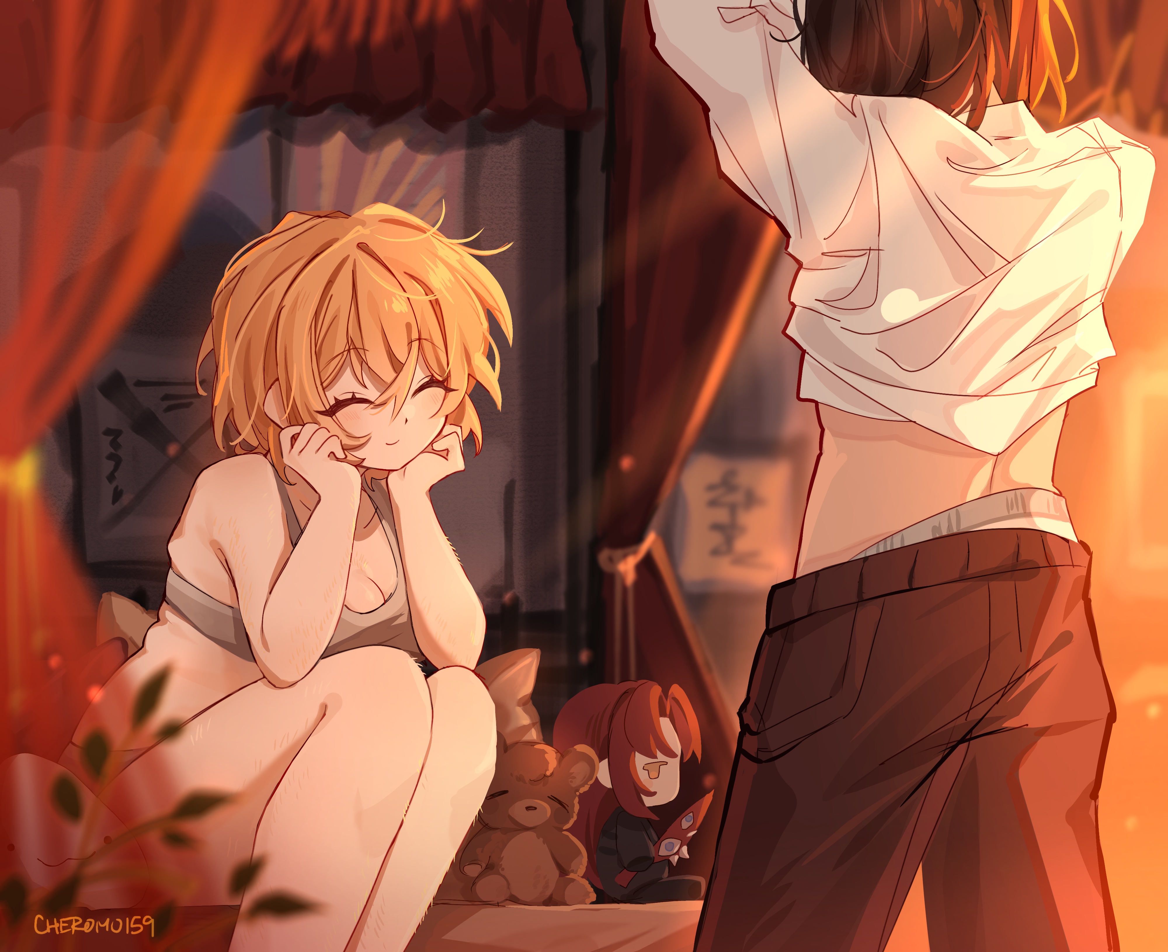 cheromo159, don quixote (project moon), kali (project moon), ryoshu (project moon), limbus company, project moon, fluffy hair, absurdres, commentary, english commentary, highres, 2girls, ^ ^, arm up, artist name, breasts, brown hair, brown pants, character doll, cleavage, closed eyes, closed mouth, curtains, doll, e.g.o (project moon), elbow rest, elbows on knees, evening, grey pants, grey sports bra, hand rest, hands up, indoors, long sleeves, mimicry (e.g.o), multiple girls, on bed, orange hair, panties, pants, panty peek, shirt, short hair, sitting, smile, sports bra, stuffed animal, stuffed toy, sunlight, teddy bear, underwear, white panties, white shirt
