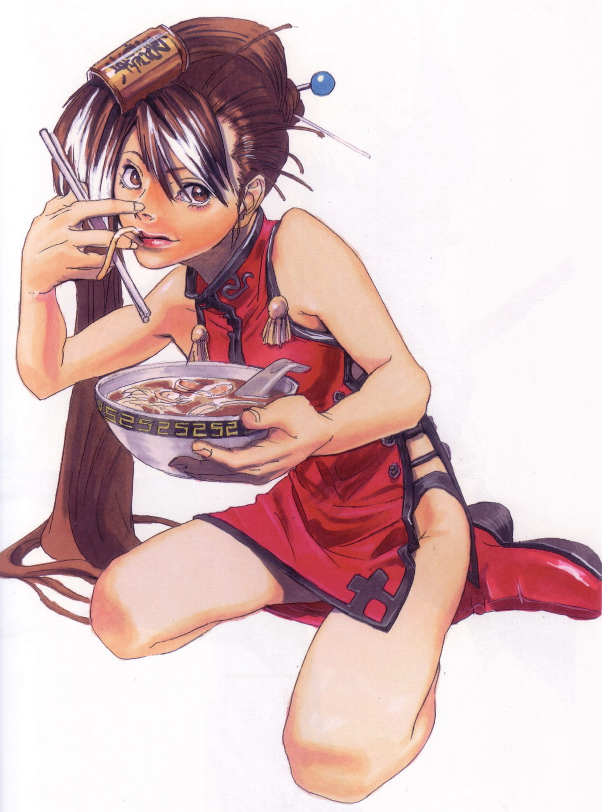 ishiwatari daisuke, kuradoberi jam, arc system works, guilty gear, highres, eating, food, noodles, ramen, solo