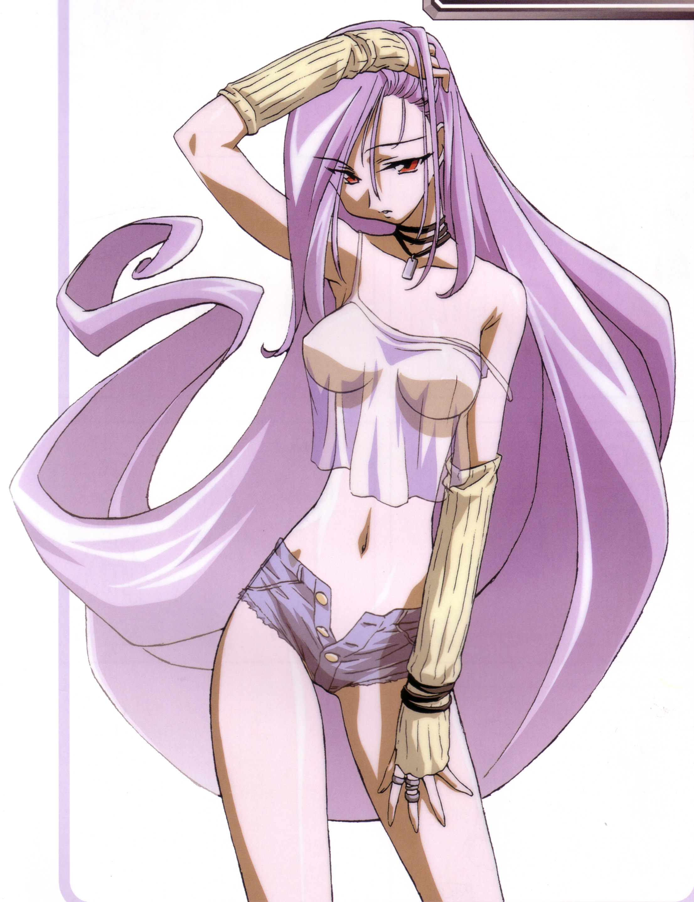 kimura takahiro, aquarian age, absurdres, character request, highres, 00s, 1girl, breasts, camisole, choker, cutoffs, denim, denim shorts, detached sleeves, female focus, floating hair, hand in own hair, jewelry, long hair, midriff, no bra, open fly, purple hair, red eyes, ring, see-through clothes, shorts, solo, strap slip, unzipped, very long hair