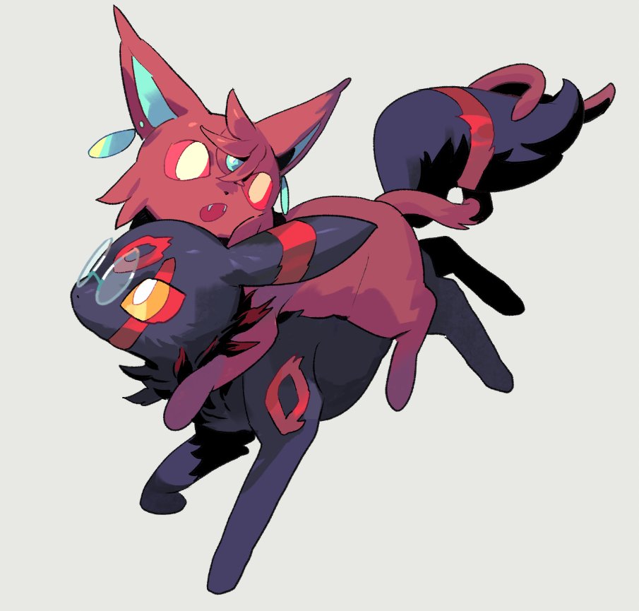 kai (huikuai2), ayase momo, espeon, takakura ken (dandadan), takakura ken (transformed) (dandadan), umbreon, dandadan, nintendo, pokemon, 1boy, 1girl, animal ears, animalization, black fur, brown fur, carrying, colored sclera, earrings, facial mark, fangs, full body, gen 2 pokemon, glasses, grey background, intertwined tails, jewelry, no humans, open mouth, piggyback, pokemon (creature), red sclera, round eyewear, simple background, tail, yellow eyes