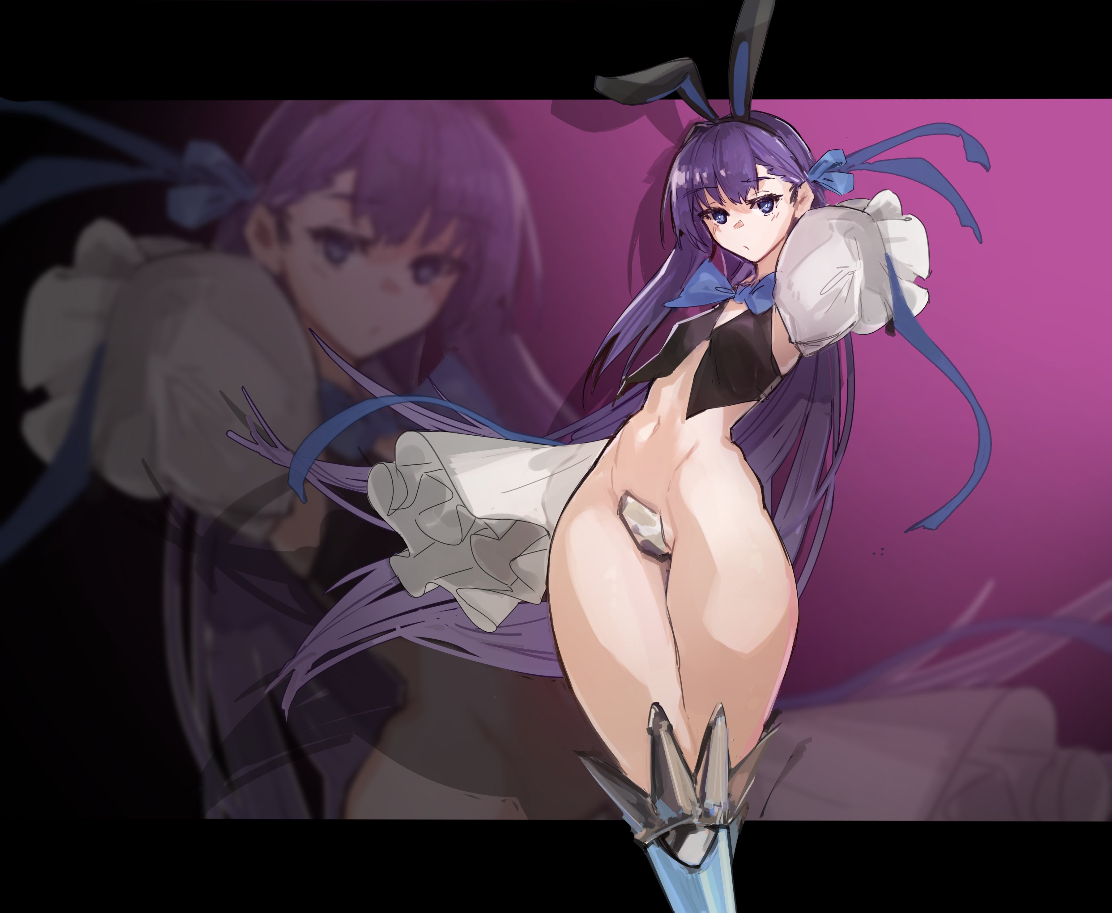 jonyeld, meltryllis (fate), fate/extra, fate/extra ccc, fate (series), absurdres, highres, 1girl, animal ears, breasts, crotch plate, hand up, long hair, looking at viewer, navel, purple eyes, purple hair, rabbit ears, small breasts, solo, wide sleeves