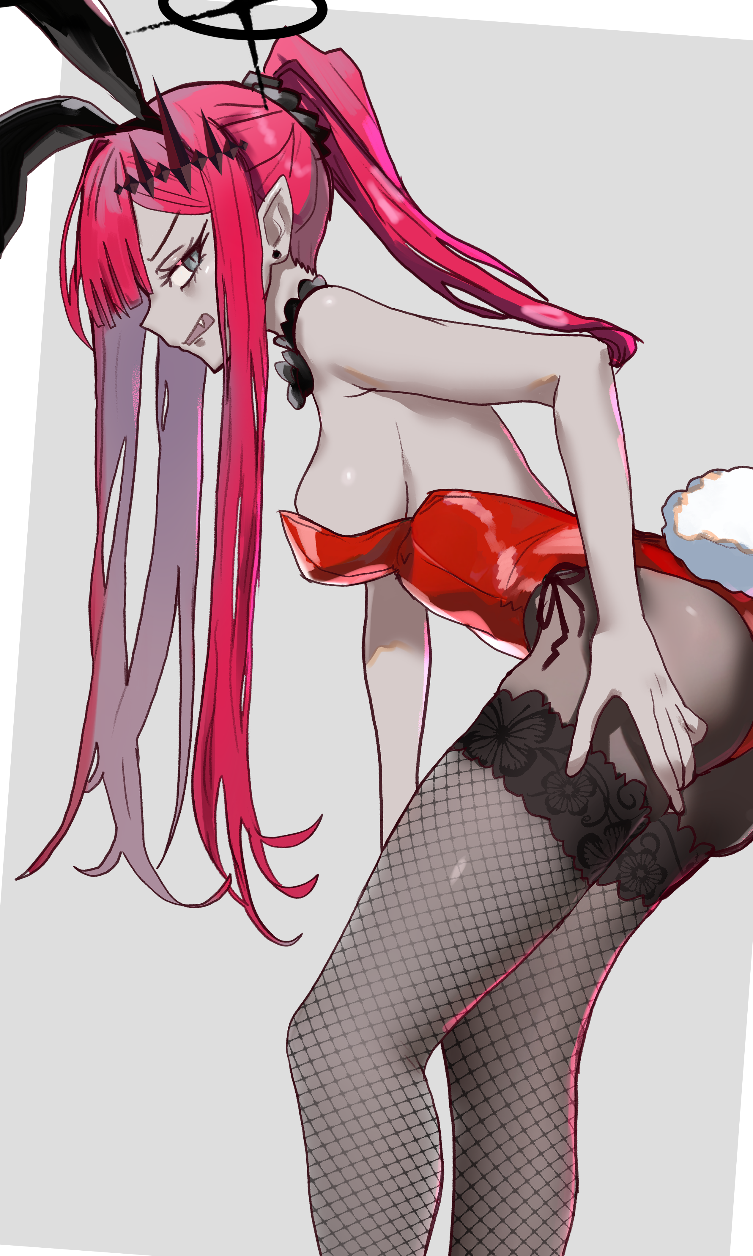 ebora, baobhan sith (fate), fate/grand order, fate (series), absurdres, commentary, highres, non-web source, 1girl, breasts, colored skin, fang, grey eyes, grey skin, large breasts, leotard, long hair, looking at viewer, open mouth, pantyhose, pink hair, playboy bunny, pointy ears, sidelocks, solo, thighs, vampire