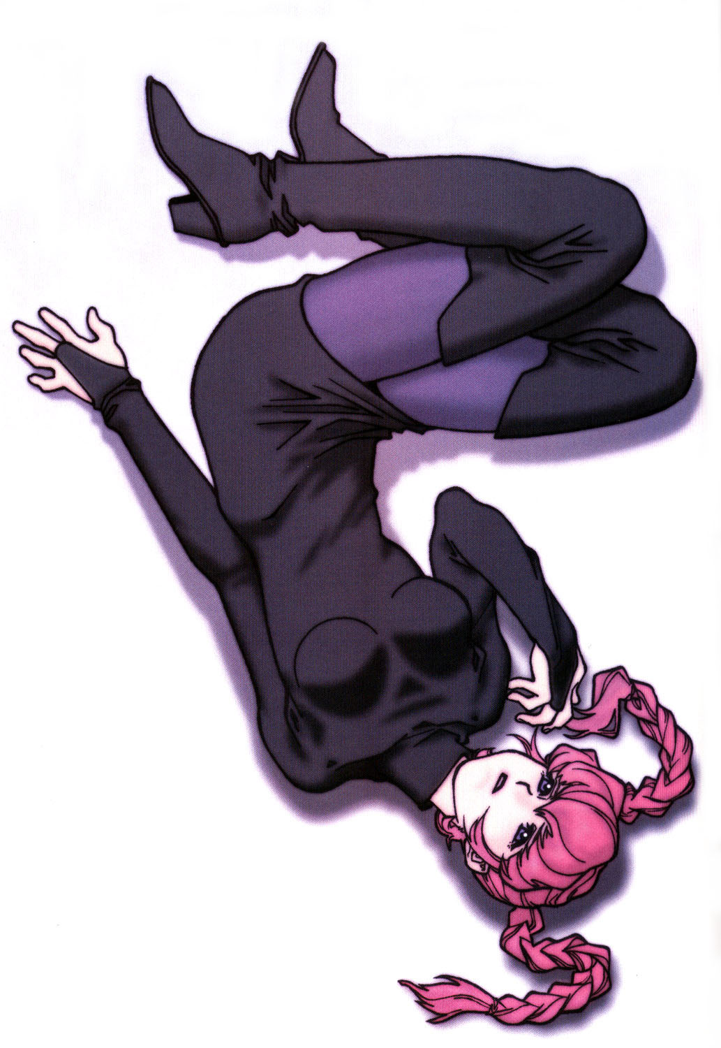 haman karn, char's deleted affair, gundam, zeta gundam, highres, 1girl, black dress, blue eyes, boots, braid, breasts, dress, female focus, long hair, lying, pantyhose, pink hair, shadow, short dress, simple background, solo, thigh boots, thighhighs, turtleneck, twin braids