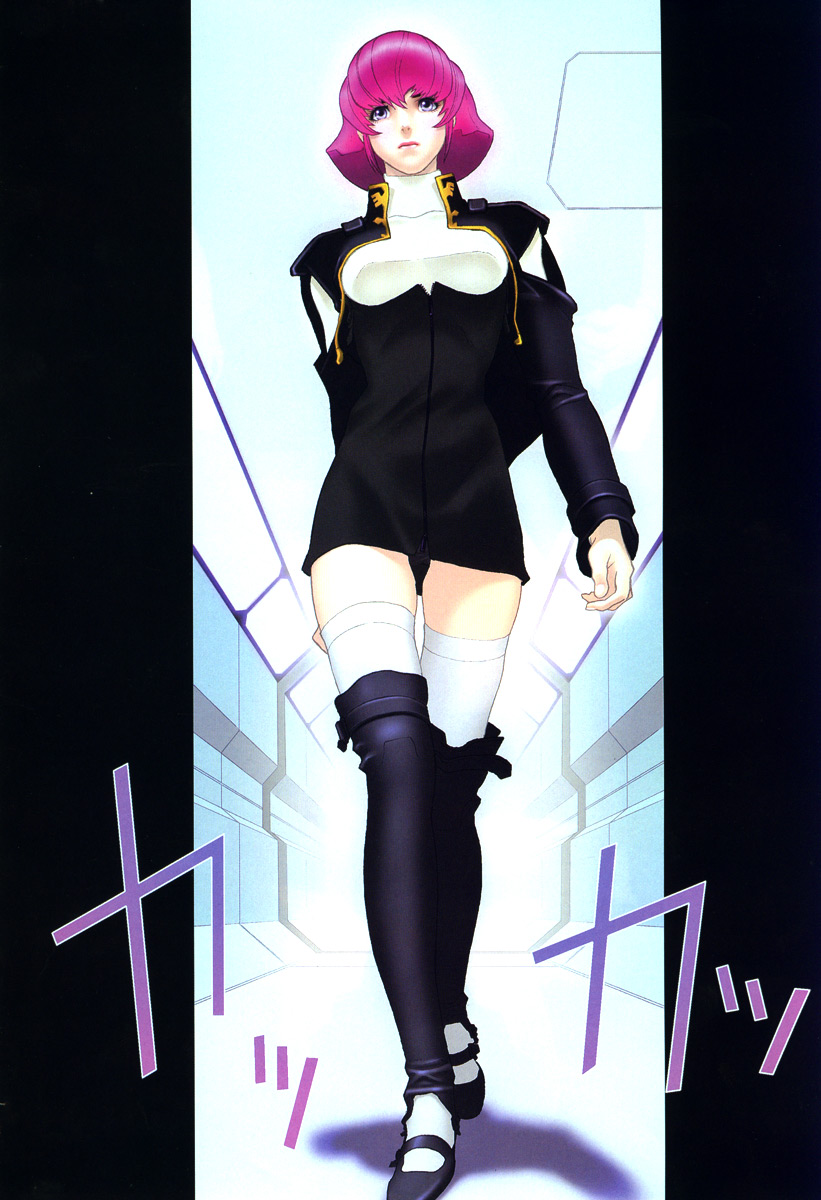 haman karn, char's deleted affair, gundam, artist request, highres, 1girl, black panties, female focus, military, military uniform, panties, pink hair, purple eyes, solo, thighhighs, underwear, walking, zettai ryouiki
