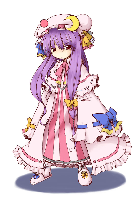 mogito, patchouli knowledge, touhou, 1girl, bell, bow, crescent, female focus, hair bow, hat, jingle bell, long hair, long sleeves, purple hair, red eyes, red hair, sleeves past wrists, slippers, solo, white background, wide sleeves
