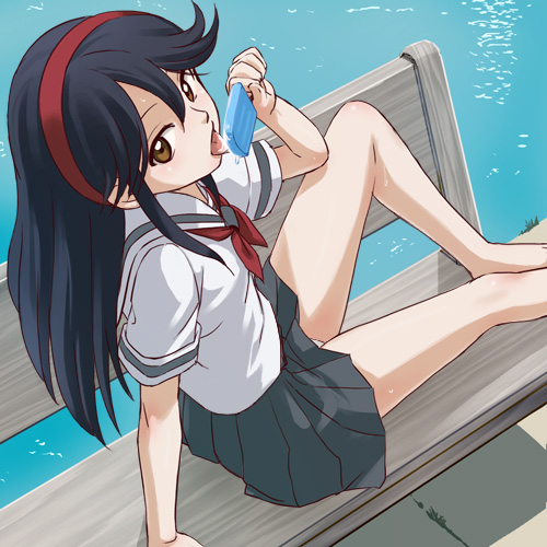haruyama kazunori, saegusa matsuri, kamichu!, lowres, 00s, barefoot, black hair, brown eyes, feet, food, hairband, long hair, looking back, miniskirt, panties, pantyshot, pleated skirt, popsicle, school uniform, serafuku, sitting, skirt, solo, tongue, underwear, white panties