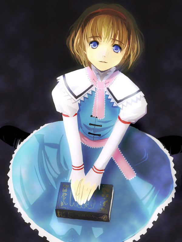 takashima, alice margatroid, touhou, 1girl, blonde hair, blue eyes, female focus, gradient background, hairband, short hair, solo