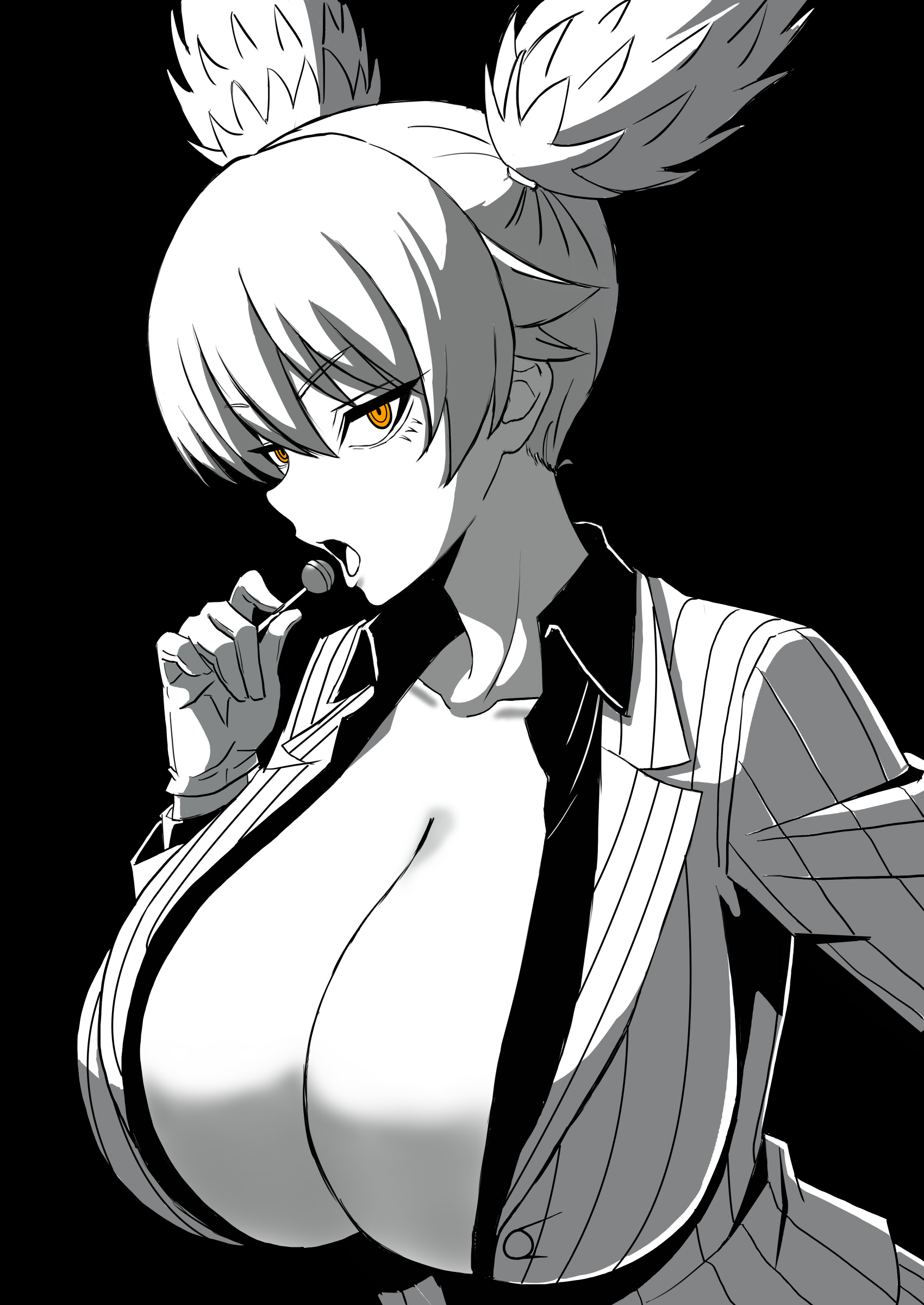 momokusa yomogi, tougen anki, highres, 1girl, breasts, bursting breasts, candy, cleavage, food, half-closed eyes, huge breasts, looking at viewer, monochrome, no bra, office lady, open mouth, seductive gaze, tongue, twintails, unbuttoned, yellow eyes
