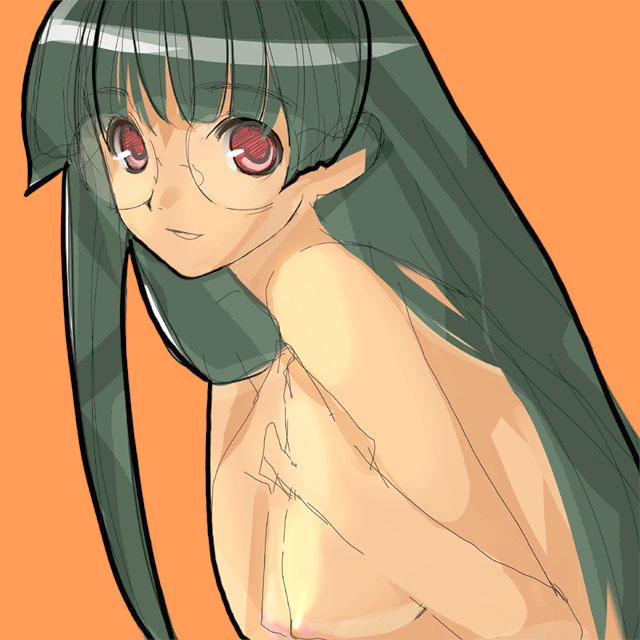 takashima, tachibana rei, pani poni dash!, 00s, 1girl, female focus, glasses, green hair, nipples, nude, orange background, simple background, solo